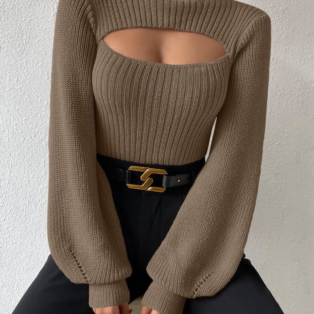 Khaki Women's Casual Turtleneck Cut Out Eyelet Sweater